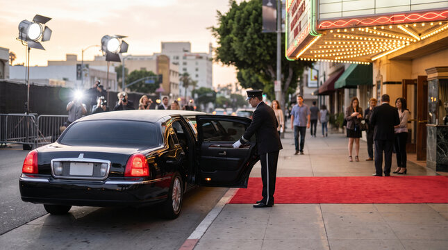 Limousine arriving at premiere on red carpet with excited crowd  