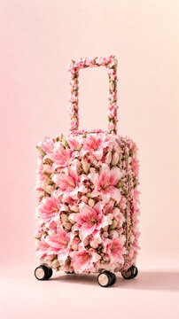 Rolling suitcase with a floral pattern on a pastel background. Floral luggage design and creative travel concept. Botanical fashion art. Unique product presentation style.