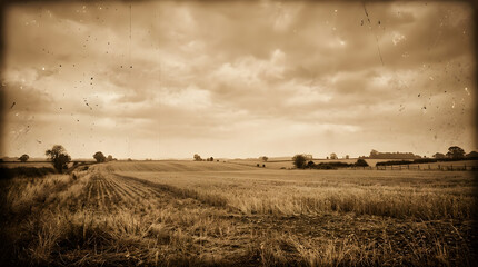 Naklejka premium Sepia toned landscape of an open agricultural field under a cloudy sky with vintage film aesthetic landscape countryside farmland agriculture outdoors grassland nostalgia photography rurality