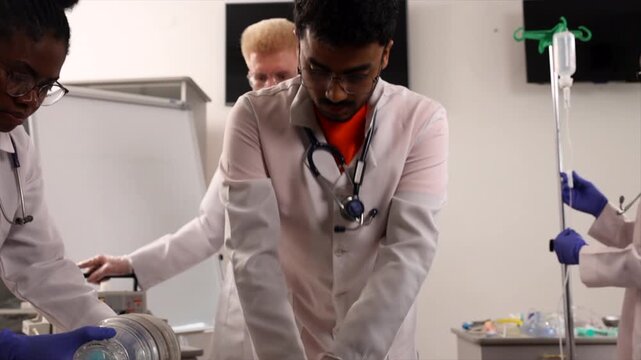 Medical students practicing chest compressions and resuscitation on a dummy