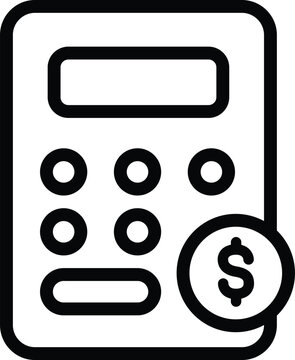 Calculator icon with dollar coin, budget and tax calculation outline symbol for personal finance and accounting