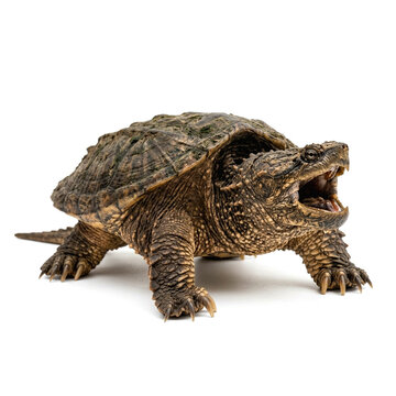 Common snapping turtle with open mouth in defensive posture isolated on white background