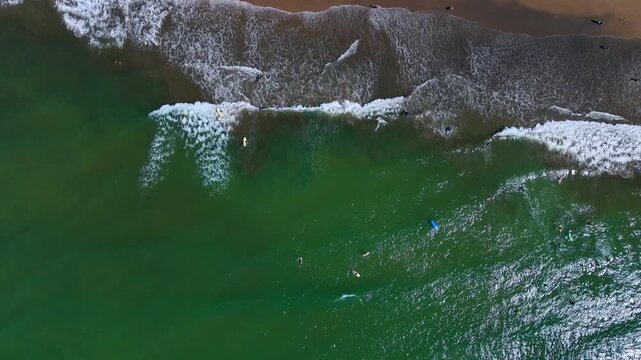Surfers paddles through clear ocean water beside a breaking wave catching and gliding along cutting back with white foam textured spray, aerial overhead backdrop