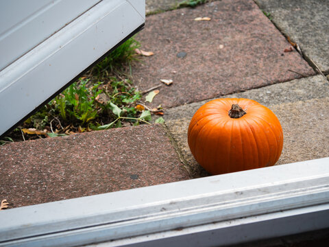 Autumn orange pumpkin in home doorway