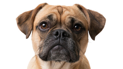 Obraz premium Close up portrait of a brown pug mix dog with black muzzle and expressive eyes