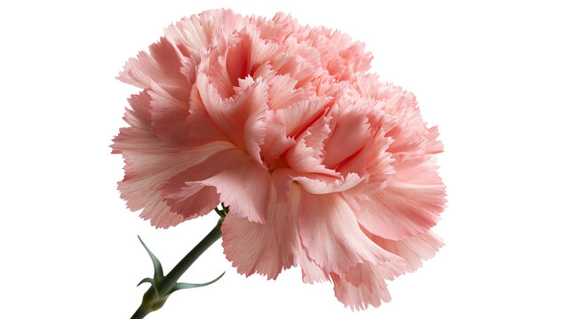 Single soft pink carnation flower with ruffled petals and green stem