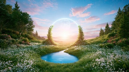 Naklejka premium Magical glowing archway leading to another world in a serene dreamlike landscape