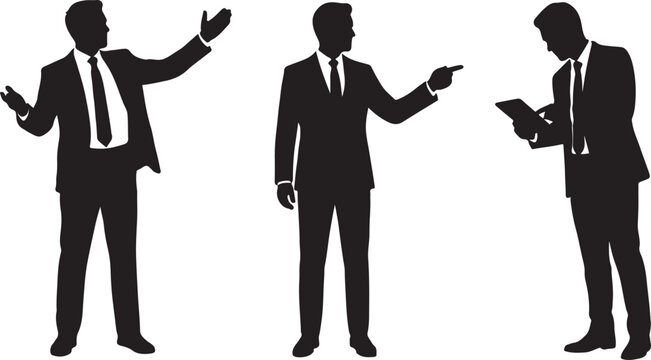 Three businessmen silhouettes presenting ideas and analyzing data in a modern office