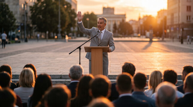 Politician speaking at outdoor public rally at sunset