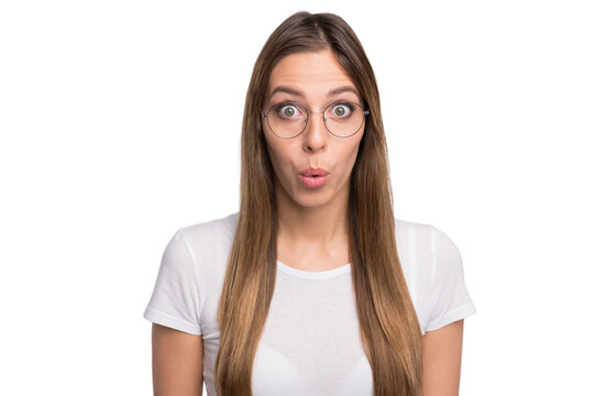 Photo of manager lady listening unexpected awful news wear specs and t-shirt isolated white background