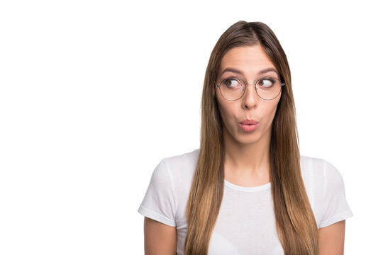 Photo of pretty lady look empty space  listen unexpected bad news wear specs and t-shirt isolated white background