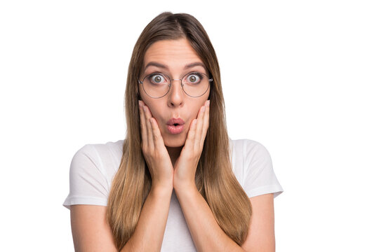 Closeup photo of pretty lady listen unexpected bad news wear specs and t-shirt isolated white background