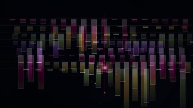Looping colorful rectangular shapes form a dynamic abstract pattern on a dark background.