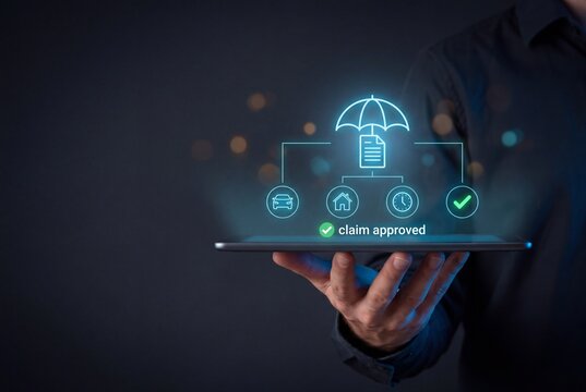 insurance claims concept, hand holding tablet with approved claim hologram, digital policy processing technology, corporate risk coverage management, financial protection