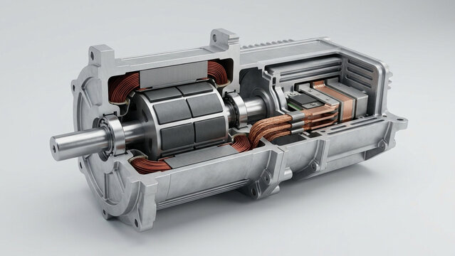 Electric Motor Cutaway Cross Section Showing Internal Components Rotor Stator and Windings in Detailed 3D Render