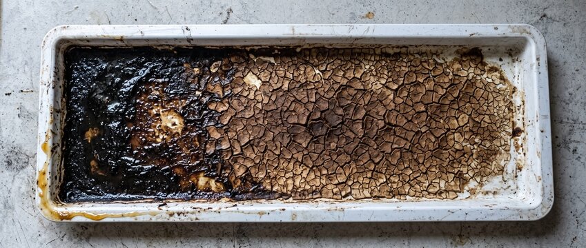 Fridge drip tray crusted photographed from directly above showing brittle crust cracked into plates, a close view of a tray nobody ever pulls out as found representing a hidden tray full of old spills