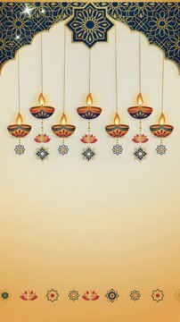 Happy Diwali Festival Background with Hanging Lit Diyas and Lotus