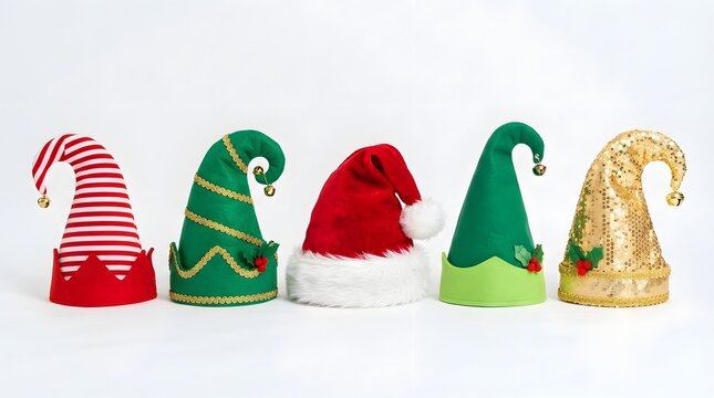 Five decorative christmas hats including elf caps and a santa hat with bells and sequins isolated on white background