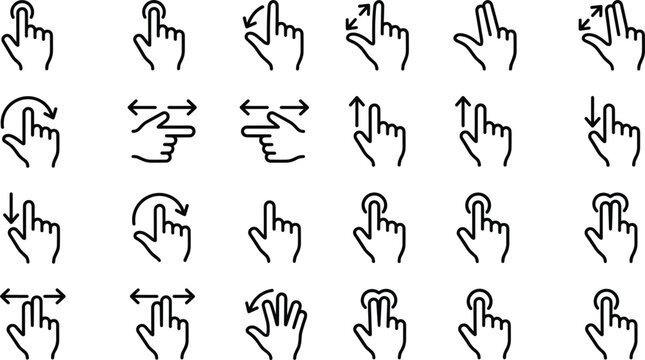 Touch Screen Hand Gestures Line Icon Set Featuring Tap, Swipe, Pinch, Zoom, Scroll, and Multi Touch Controls for UI UX Apps