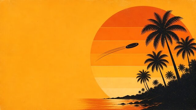 70s retro sunset disc golf graphic with palm trees and copy space