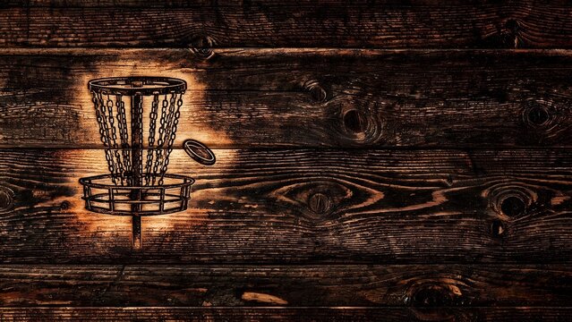 Burnt wood stamp disc golf design on rustic wood texture with copy space