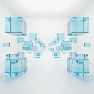 Floating blue translucent glass cubes in a clean minimalist white studio space with translucent abstract floating geometric minimalist background structure artistic transparency lighting