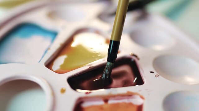 Mixing Liquid Watercolor Paints on Round Palette Close Up