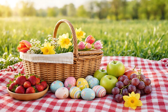 Realistic Spring Easter Picnic Scene with Decorated Eggs, Fresh Fruits, and Colorful Flowers on Red Checkered Blanket