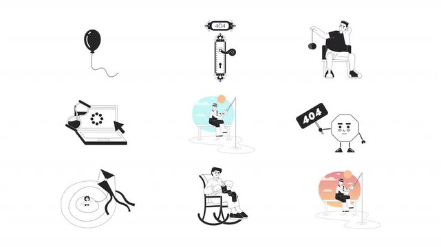 Leisure activities with waiting and 404 error black and white line animation pack. Slow connection. Fishing and knitting pastime. Various hobbies animated outline 4K video on transparent background