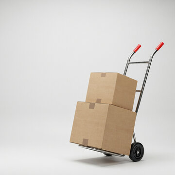 Two brown cardboard boxes stacked on a metal hand truck for logistics with delivery shipping transport logistics cardboard warehouse business commerce industrial equipment isolated handling