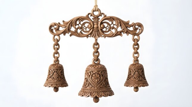 Ornate carved wooden triple bell decoration with intricate floral patterns, isolated on white background