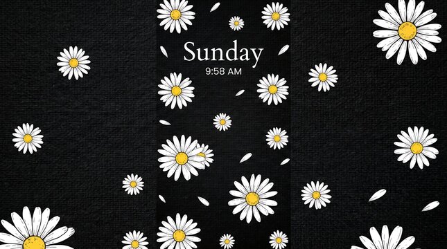 Sunday morning digital clock display with white daisy pattern on a textured black background
