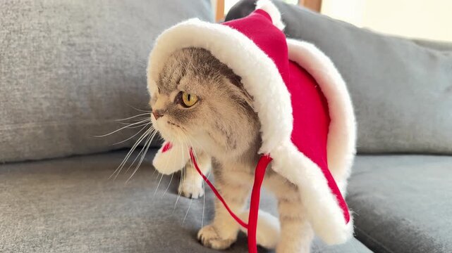 grumpy scottish fold cat in santa costume, concept of pet shops, christmas, banner