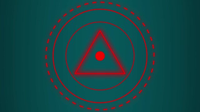 Triangle symbol animation glows with concentric circular rings on dark. Geometric motion data coordinates guide triangle symbol. Display consoles use triangle.