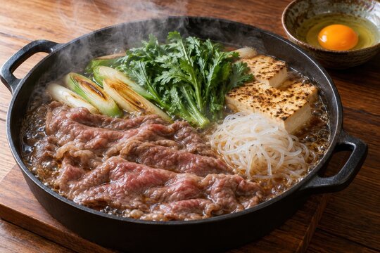 牛肉と焼き豆腐としらたきのすき焼きと生卵