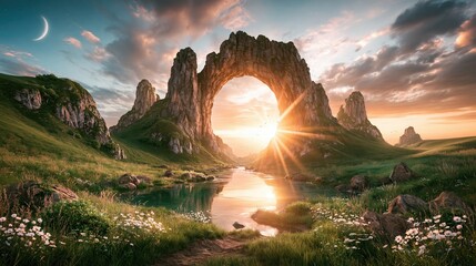 Naklejka premium Fantasy Landscape with Giant Stone Arch and River at Sunset