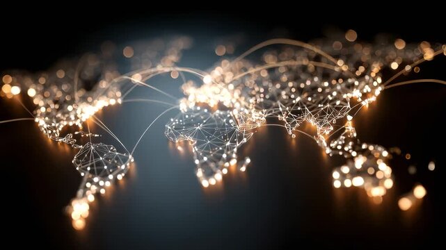 Global network of light points connected by lines, showing a futuristic digital world map in the dark