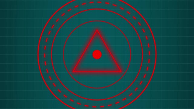 Triangle symbol animation displays concentric rings across a tech grid. Geometric vector data coordinates guide triangle. Interface consoles operate with symbol.