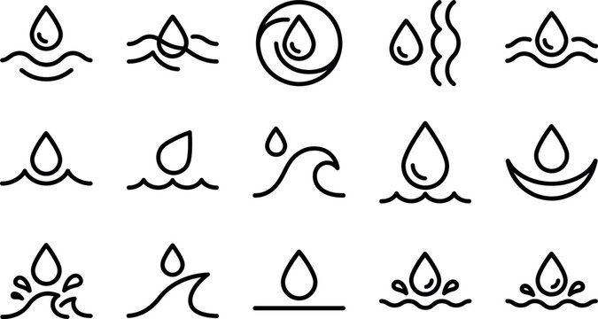 Water droplet and wave line icons with bold outlines on a white background
