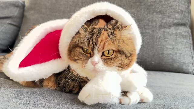 cat in santa hat scottish fold on grey sofa christmas holiday concept of pet, marketing, banner