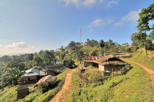 The traditional Konyak headhunter village of Phutong inhabiting the state of Nagaland in eastern India.