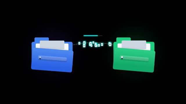 File transfer animation between two folders on dark background. Secure encrypted file transfer animation between folders with progress bar and speed.