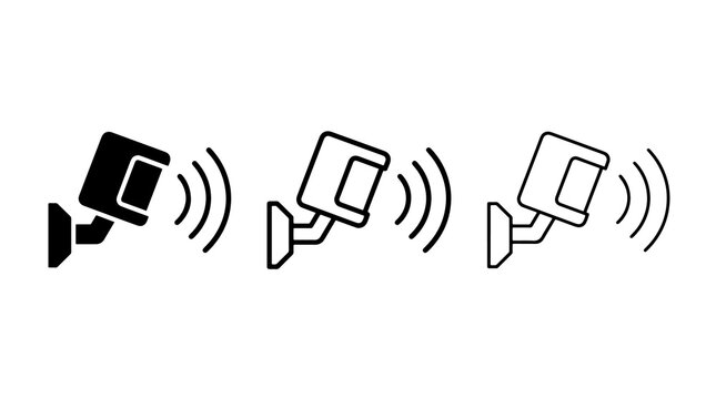 Security camera icon with signal waves, solid and outline vector set