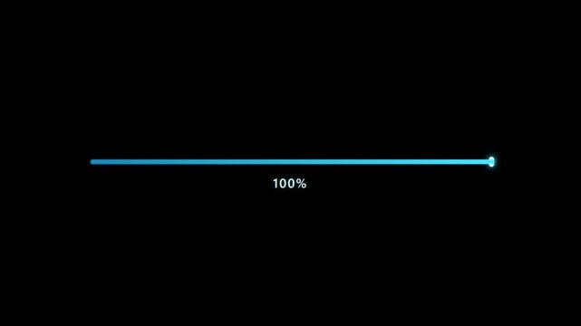 Minimal futuristic loading progress bar filling from zero to one hundred percent with a glowing digital interface effect.