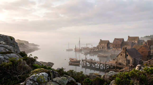A serene coastal settlement representing the 13 colonies with historic wooden docks, sailing ships and fog.