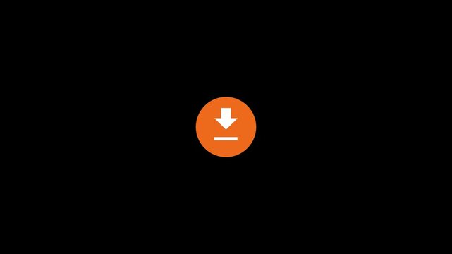 Orange Circular Download Button Icon Animation with White Down Arrow and Save Line on Black Background for File Download Data Transfer Website Interface and Digital Motion Graphics