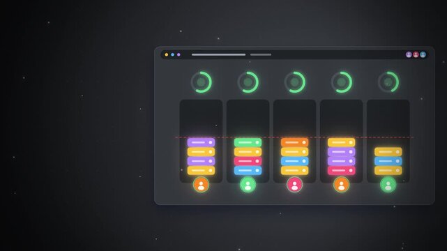 Team workload columns with task blocks and capacity line on charcoal