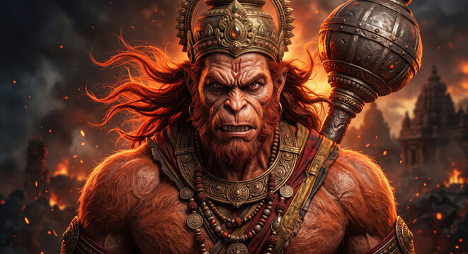 Fierce warrior Lord Hanuman with flowing dark red hair, ancient iron gada and dramatic fire colored backlighting for Hanuman Jayanti