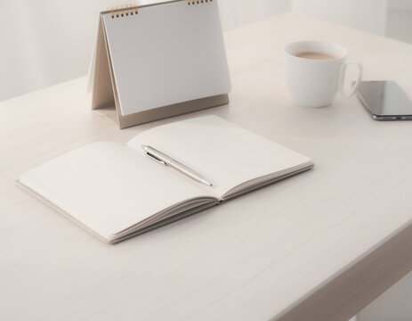 New Year planning concept on a clean modern desk, open notebook with blank pages, pen, calendar without readable text, coffee, smartphone, subtle winter sunlight, minimalist Scandinavian workspace