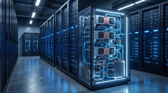 Modern data center server room with liquid cooling system for high performance computing.